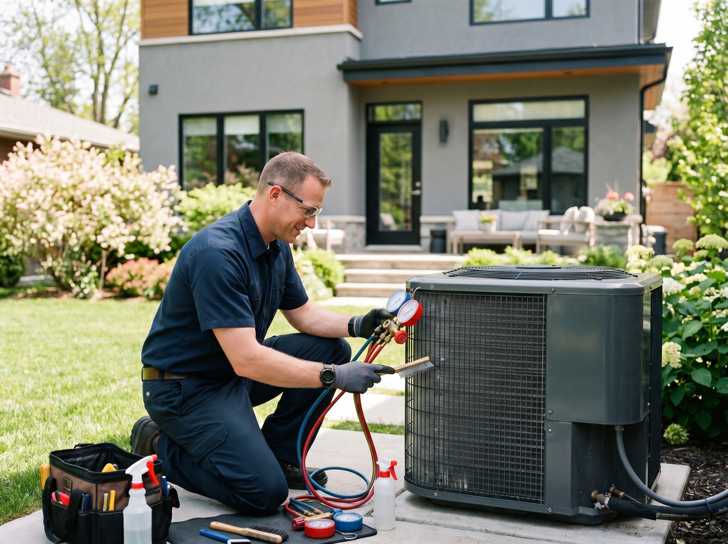 HVAC technician performing spring AC tune-up on outdoor condenser unit in Charlotte NC